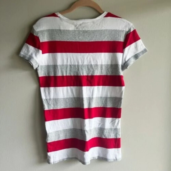 Tommy Hilfiger Women’s Striped T Shirt Large Embroidered Spell Out Stretch USA - Picture 9 of 10